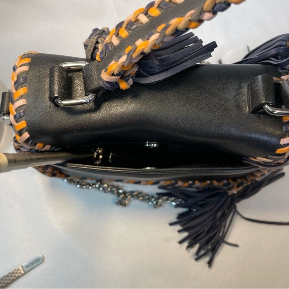 Rebecca Minkoff Black Leather Crossbody Bag Silver Chain Braided Tassels Boho - Picture 7 of 15